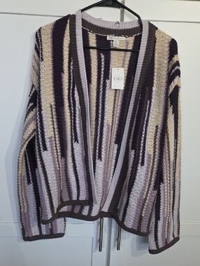 Cato Open-Front Striped Cardigan - Lavender, Cream & Brown
